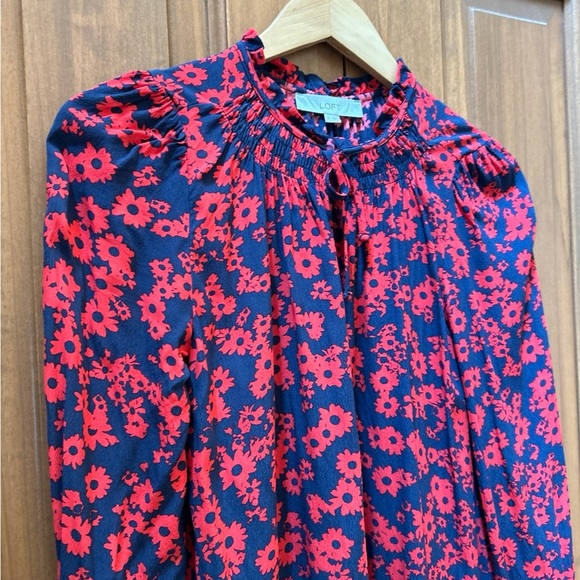 Loft flowy red & blue floral drop waist dress - Picture 5 of 7